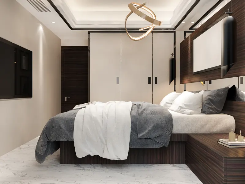 Conjunto de quarto com cama e mobiliário complementar